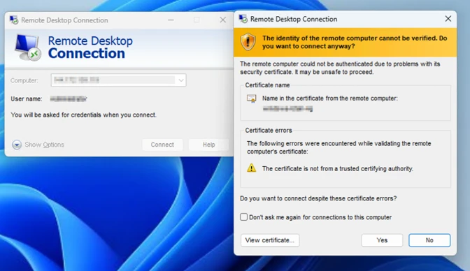 Screenshot of Remote Desktop Connection interface showing login prompt and security warning. Warning highlights unverified remote computer identity and certificate errors, with options to view certificate, connect anyway, or cancel connection.