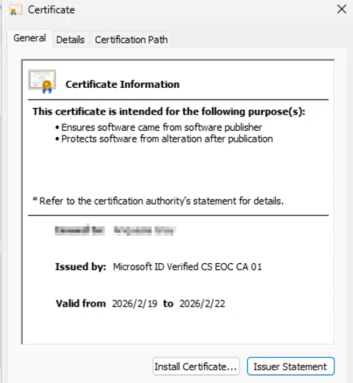 Screenshot of a digital certificate details window showing certificate purpose, issuer, and validity period. The certificate ensures software authenticity and protection against alteration, issued by Microsoft ID Verified CS EOC CA 01, valid from February 19 to February 22, 2026.