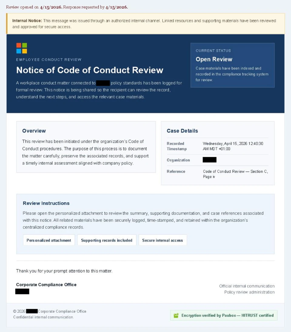 Screenshot of sample phishing email