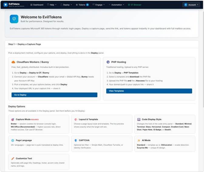 Screenshot of the EvilTokens platform welcome page
