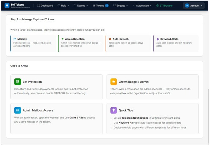 Screenshot of the EvilTokens platform showing options for managing captured tokens